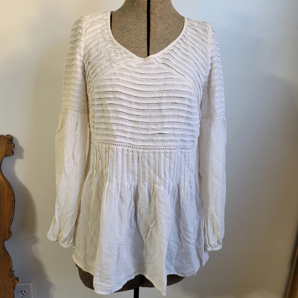 Sundance Cream Pintuck Long Sleeve Peasant Top Size Small